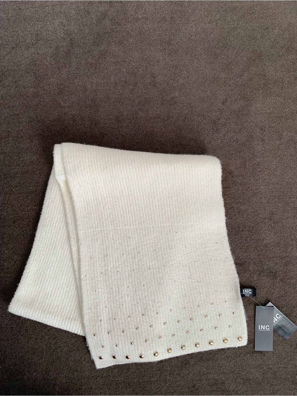 INC Solid Studded Embellished Muffler Scarf Women's Ivory White 72" x 12"